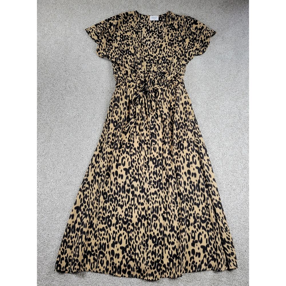 Sienna Sky Womens Leopard Print Dress Medium Brown Black V-neck Flutter Sleeve